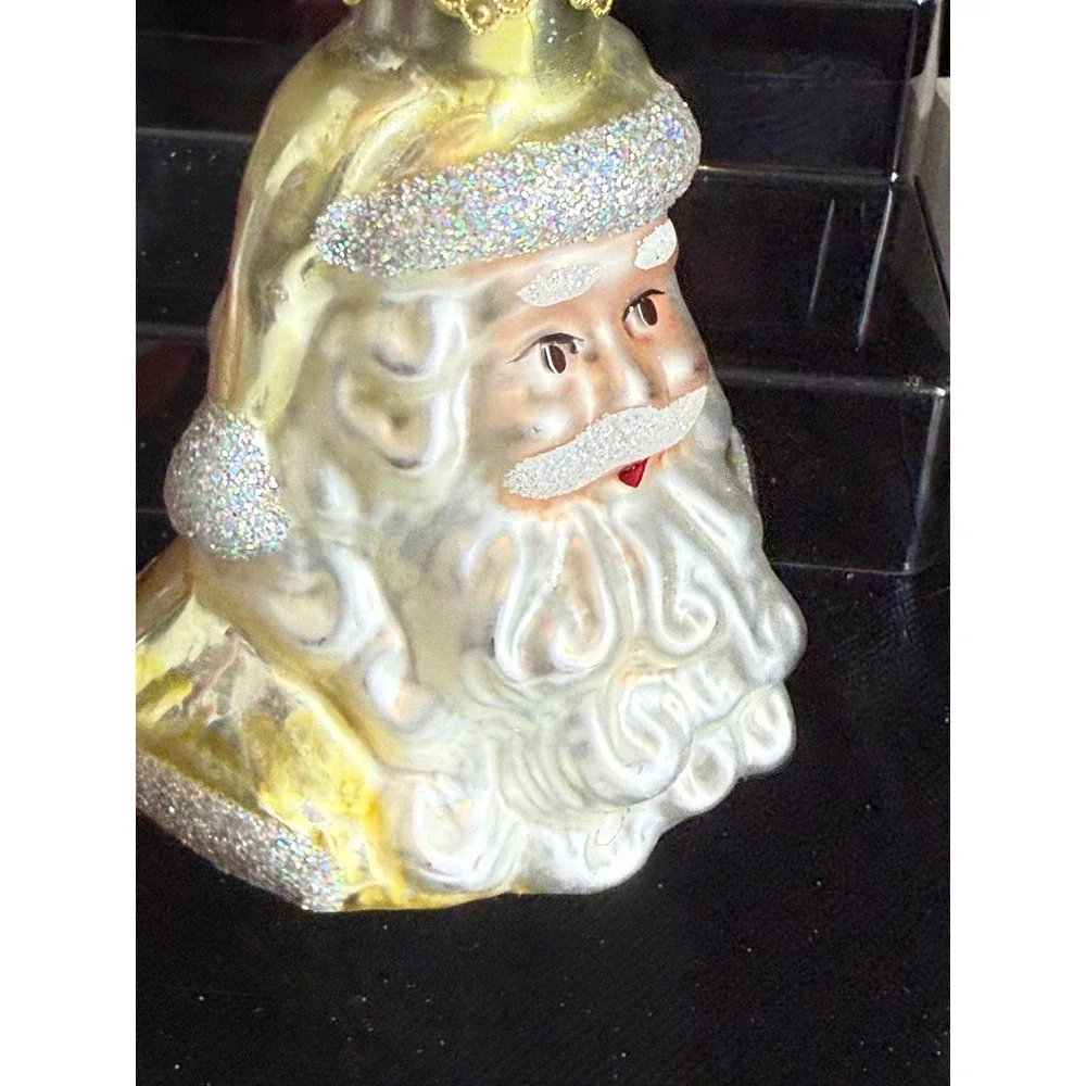 Vintage Blown Glass Santa Claus Bust Christmas‎ Ornament Glitter Accents Gold